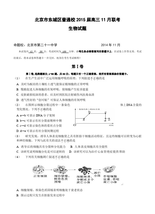 北京市东城区普通校2015届高三11月联考生物试题及答案