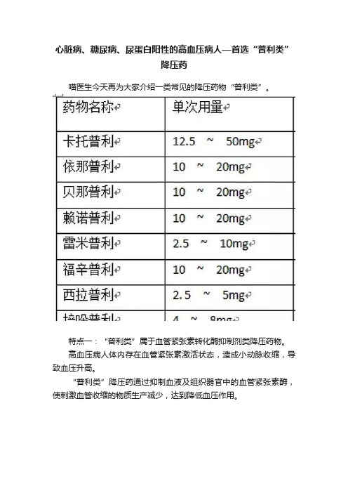 心脏病、糖尿病、尿蛋白阳性的高血压病人—首选“普利类”降压药