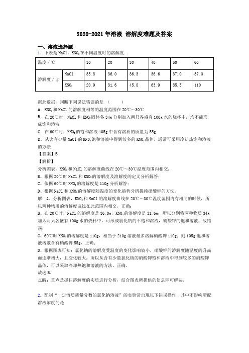 2020-2021年溶液 溶解度难题及答案