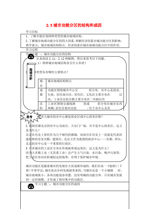 高中地理2.3《城市功能分区的结构和成因》学案(1)(人教版选修1)