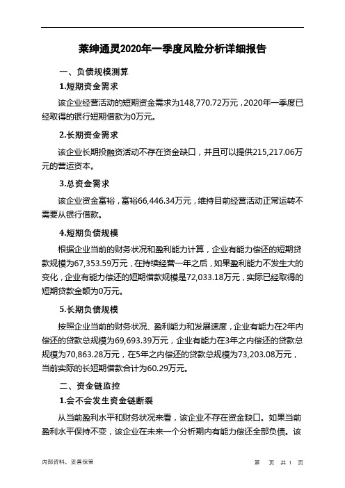 莱绅通灵2020年一季度财务风险分析详细报告