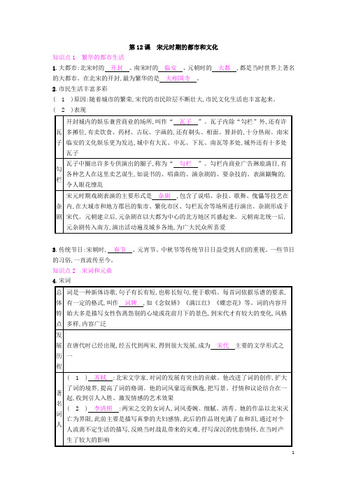 人教版七年级历史下册：第12课宋元时期的都市和文化 知识点汇总及同步课时作业