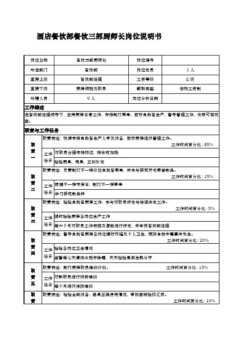 酒店餐饮部餐饮三部厨师长岗位说明书