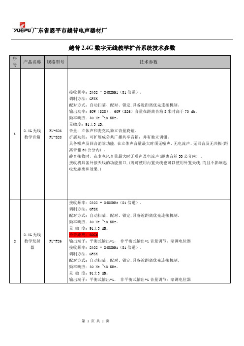 2.4G数字无线扩音系统技术参数