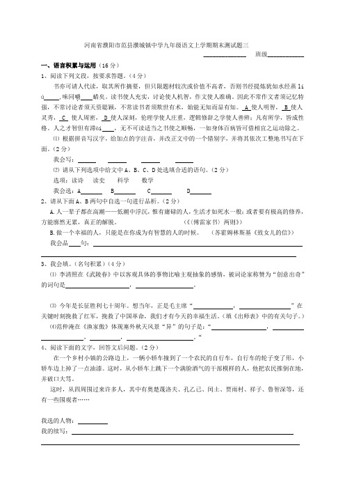 河南省濮阳市范县濮城镇中学九年级语文上学期期末测试题三(无答案) 新人教版