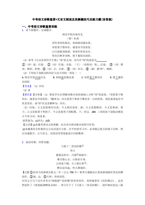 中考语文诗歌鉴赏+文言文阅读及其解题技巧及练习题(含答案)