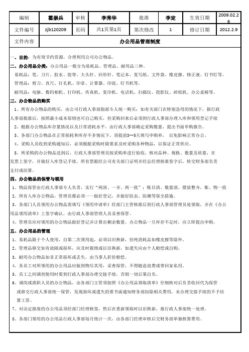 办公用品领用明细及清单