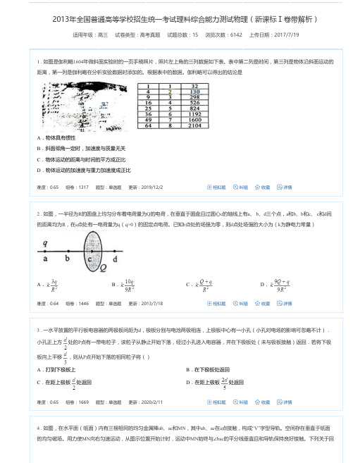 2013年全国普通高等学校招生统一考试理科综合能力测试物理(新课标Ⅰ卷带解析)