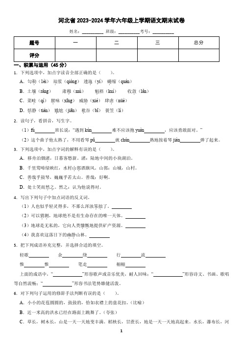 河北省2023-2024学年六年级上学期语文期末试卷(含答案)