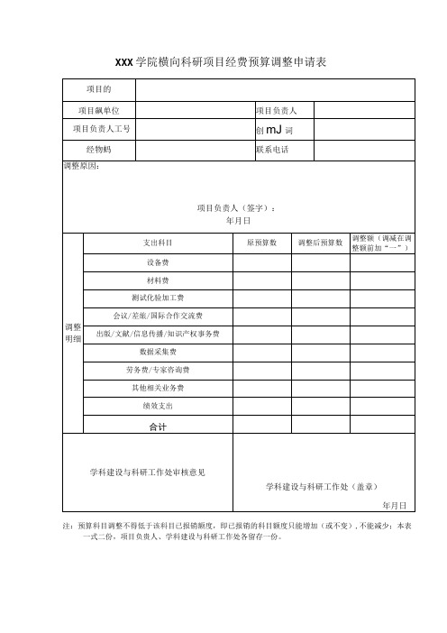 学院横向科研项目经费预算调整申请表