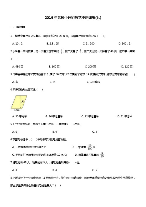 小升初冲刺训练(九) 2019年名校  苏教版(2014秋)(含答案)