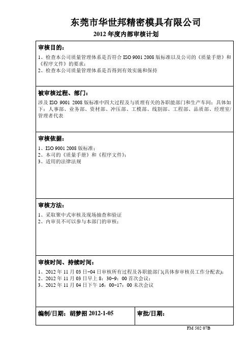 2012年度内部审核计划