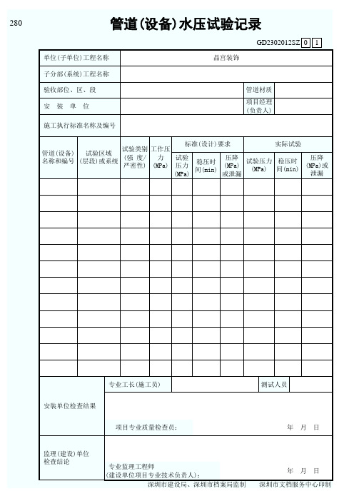 管道(设备)水压试验记录