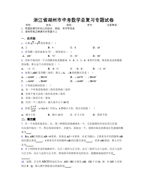 最新浙江省湖州市中考数学总复习专题试卷附解析