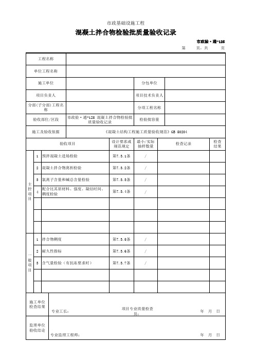 市政验·通-125 混凝土拌合物检验批质量验收记录