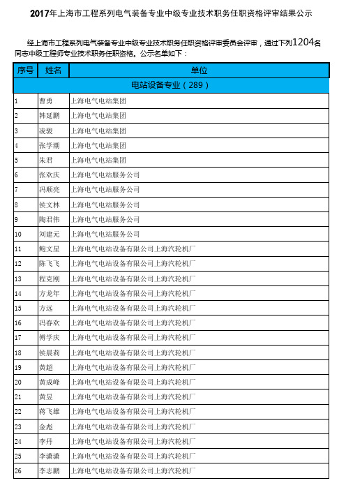 2017年上海市工程系列电气装备专业中级专业技术职务任职