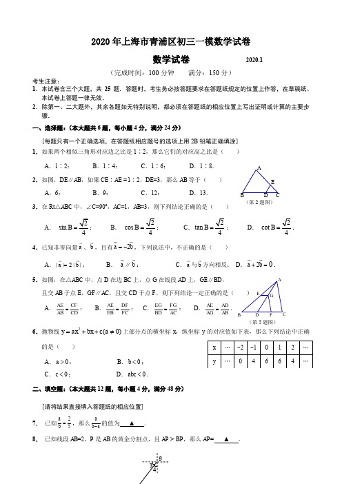 2020年上海市青浦区初三中考一模数学试卷及答案 Word含解析