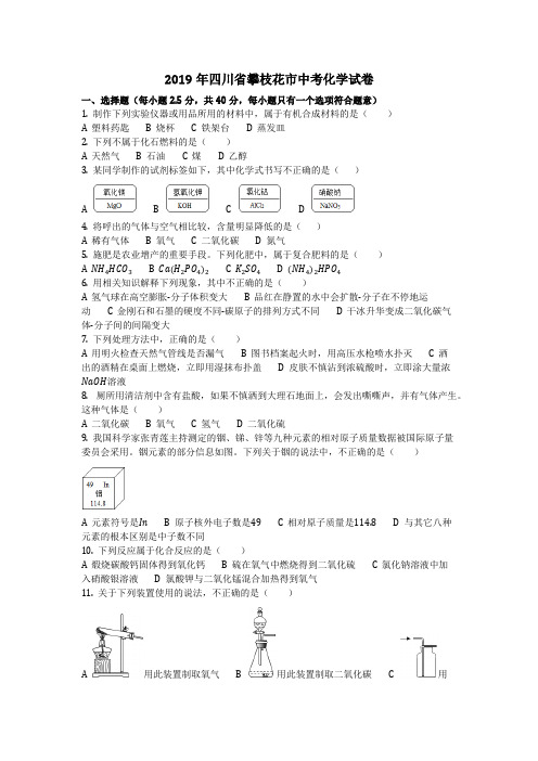 2019年四川省攀枝花市中考化学试卷(化学中考真题含答案) 