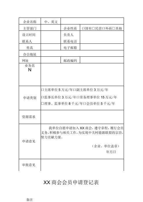 XX商会会员申请登记表(2023年)