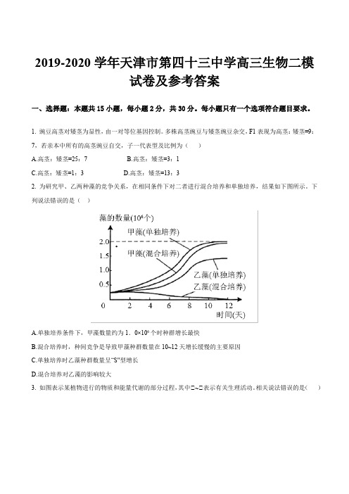 2019-2020学年天津市第四十三中学高三生物二模试卷及参考答案