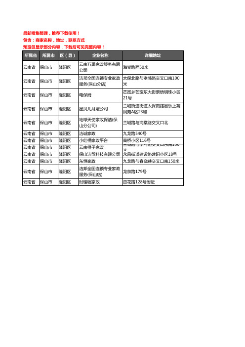 新版云南省保山市隆阳区家政企业公司商家户名录单联系方式地址大全12家