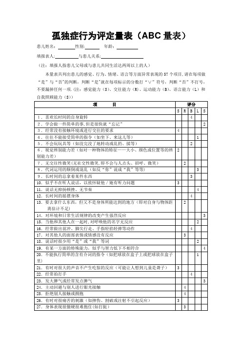 孤独症行为评定量表(ABC量表)