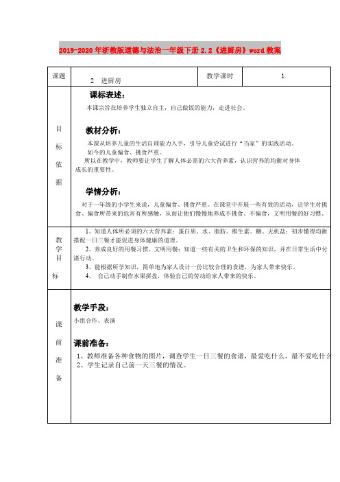 2019-2020年浙教版道德与法治一年级下册2.2《进厨房》word教案