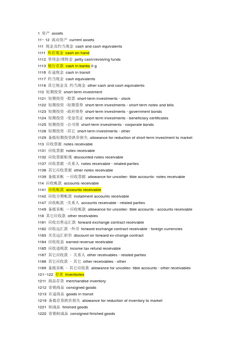 会计科目中英文对照全