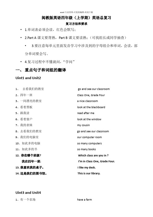 闽教版英语四年级上学期英语总复习