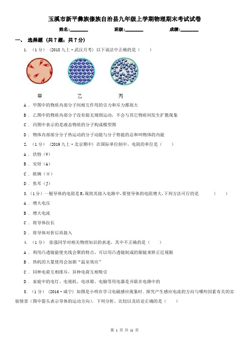 玉溪市新平彝族傣族自治县九年级上学期物理期末考试试卷