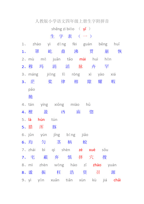 人教版小学语文四年级上册生字附拼音(打印版)