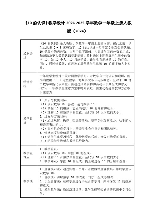 《10的认识》教学设计-2024-2025学年数学一年级上册人教版(2024)