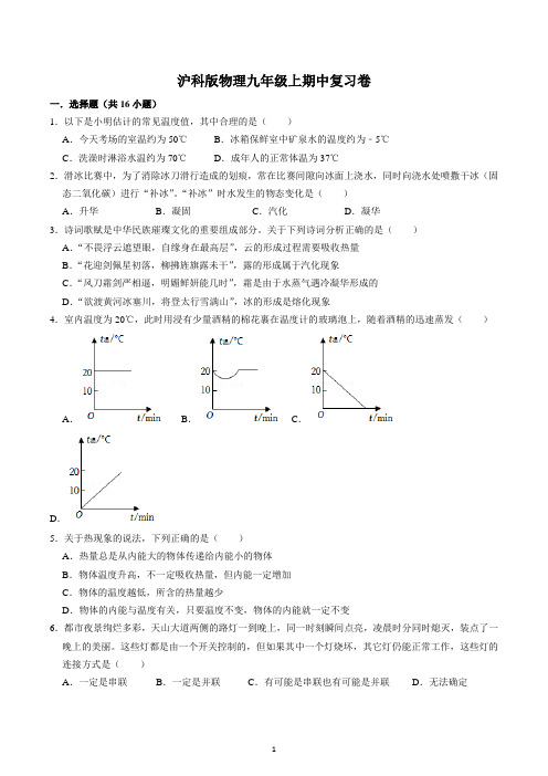 2022-2023学年沪科版物理九年级上学期期中复习卷