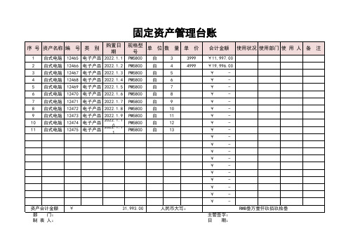 固定资产台账表格