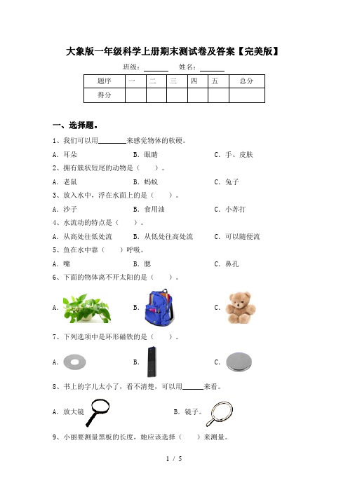 大象版一年级科学上册期末测试卷及答案【完美版】