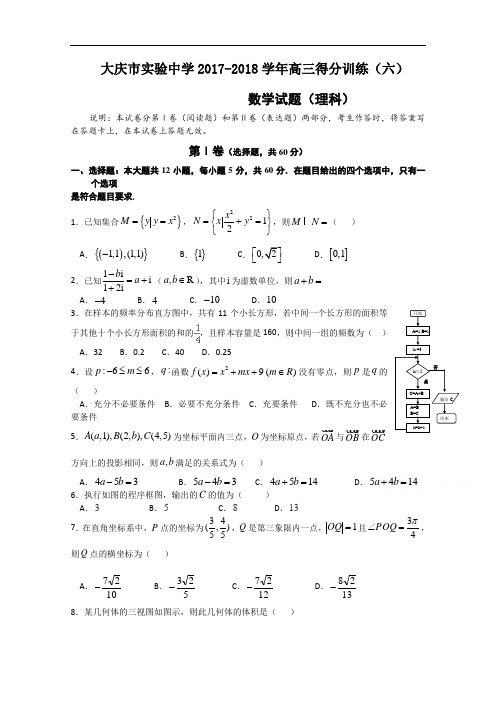黑龙江大庆实验中学2017-2018学年高三考前得分训练(六) 数学(理) Word版含答案
