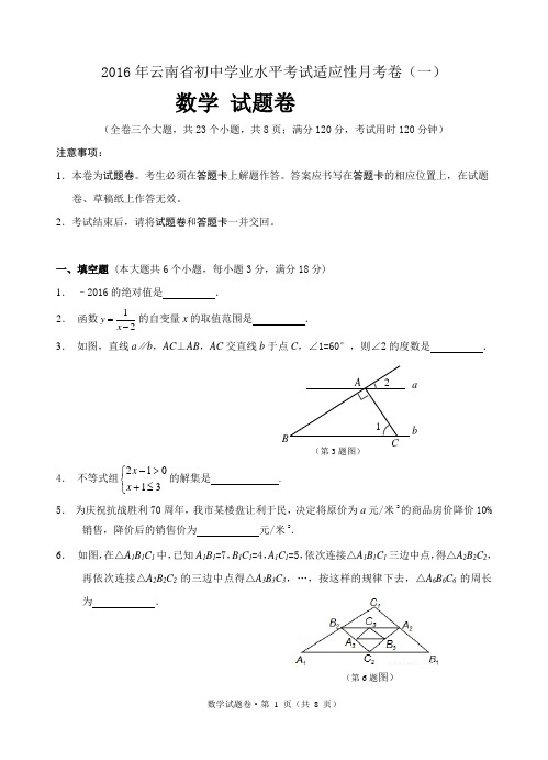 云南省2016年初中学业水平考试适应性月考数学模拟卷(一)