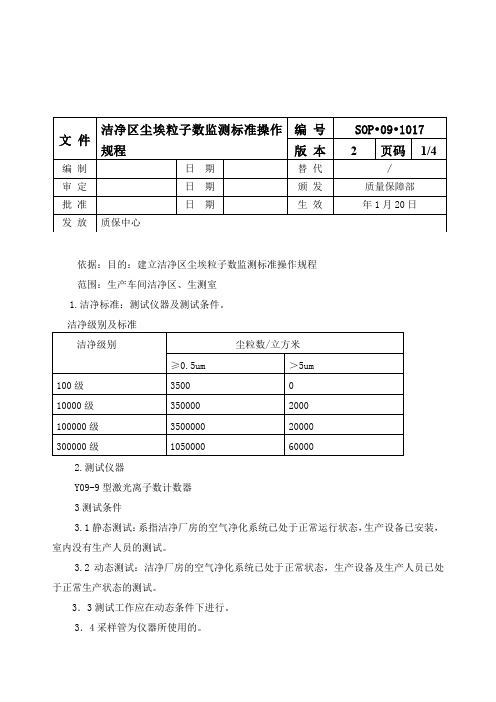 洁净区尘埃粒子数监测标准操作规程