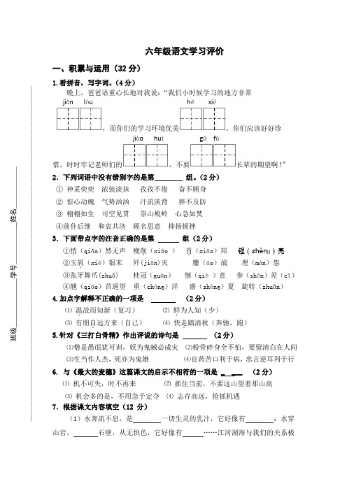 六年级阶段性学习评价