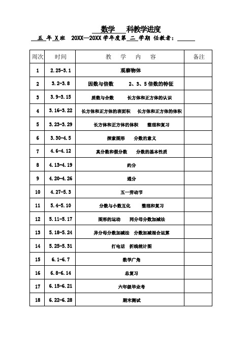 人教版小学五年级数学下册教学进度表【优】