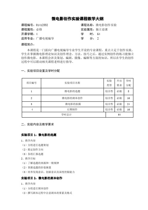 微电影创作实验教学大纲(广播电视编导)