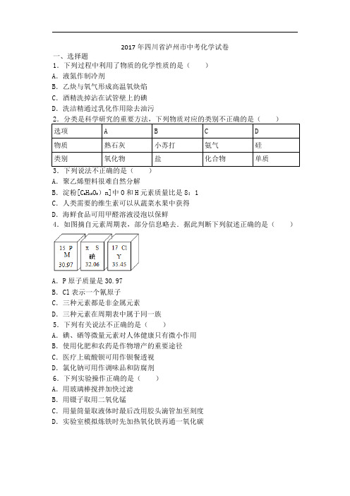 四川省泸州市2017年中考化学试卷含答案