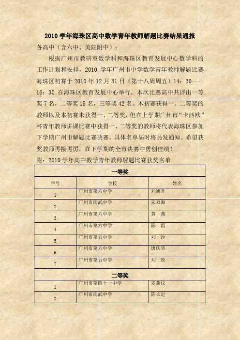 2010学年高中数学青年教师解题比赛结果通报