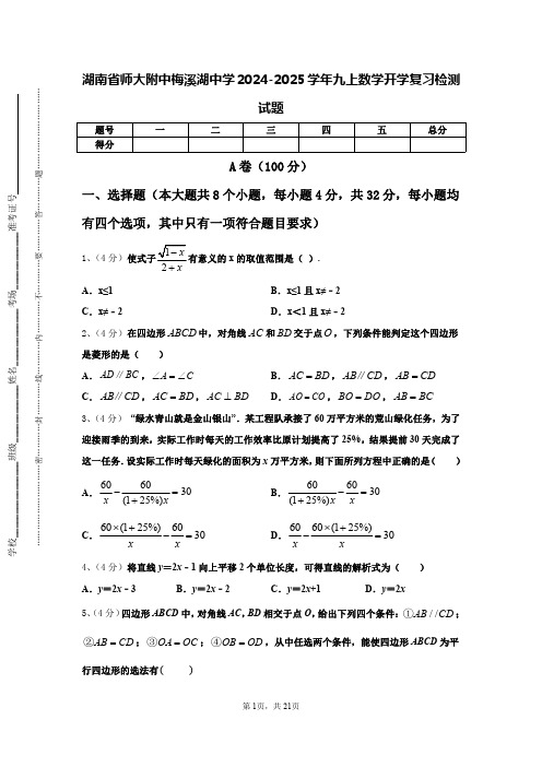 湖南省师大附中梅溪湖中学2024-2025学年九上数学开学复习检测试题【含答案】