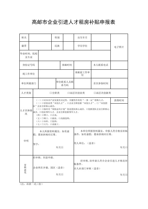 高邮市企业引进人才租房补贴申报表