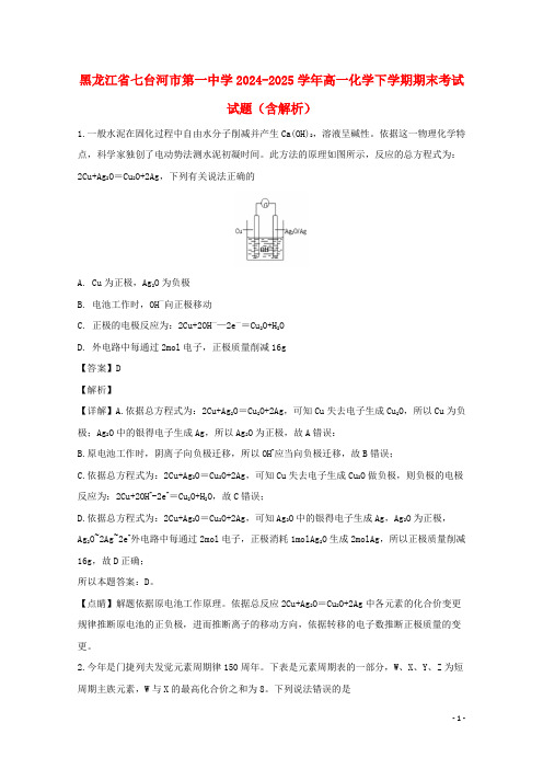 黑龙江省七台河市第一中学2024_2025学年高一化学下学期期末考试试题含解析