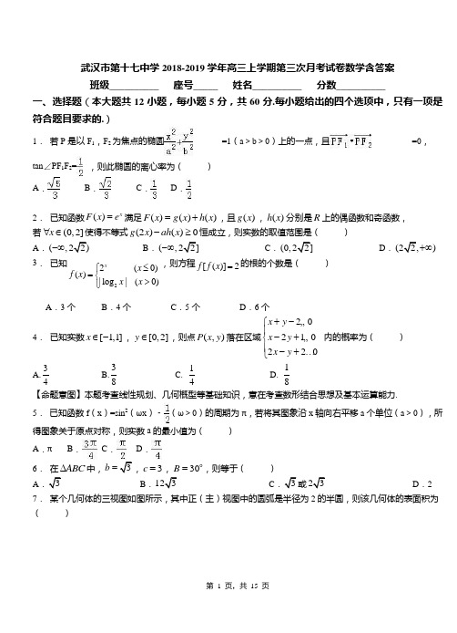 武汉市第十七中学2018-2019学年高三上学期第三次月考试卷数学含答案