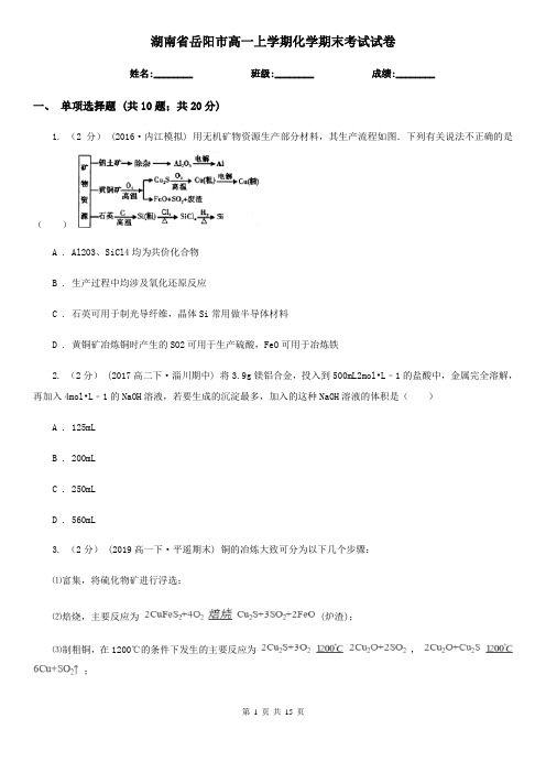 湖南省岳阳市高一上学期化学期末考试试卷