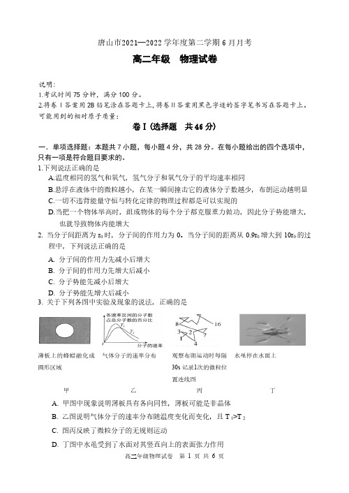 河北省唐山市高二物理下学期6月月考试题无答案