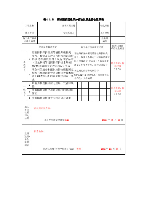 表C.0.21 牺牲阳极阴极保护检验批质量验收记录表